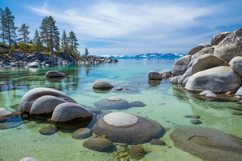 lake tahoe view of the lake with big rocks 